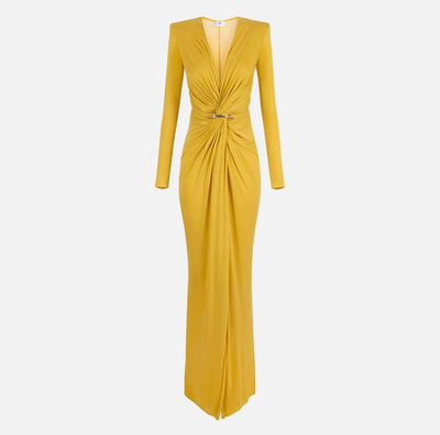 Elisabetta Franchi Cupro Jersey Red Carpet Gown with Jewel Logo