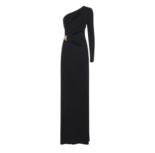 Elisabetta Franchi Red Carpet one-shoulder black crêpe gown with gold jewel detail