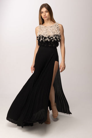 Elisabetta Franchi red carpet gown with floral tulle bodice, black and butter, front