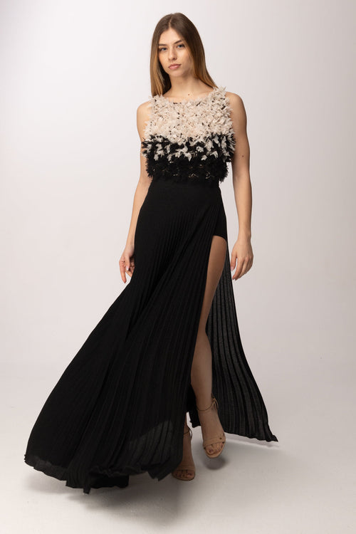 Elisabetta Franchi red carpet gown with floral tulle bodice, black and butter, front