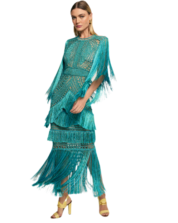 Robe longue dos nu à franges bleues Evelyn Andrea Almeida