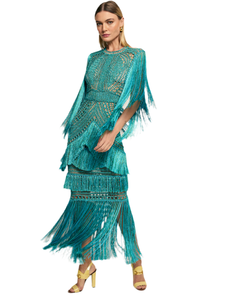 Robe longue dos nu à franges bleues Evelyn Andrea Almeida