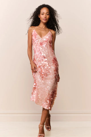 LoveShackFancy Kayleen Peach Sequin Midi Dress