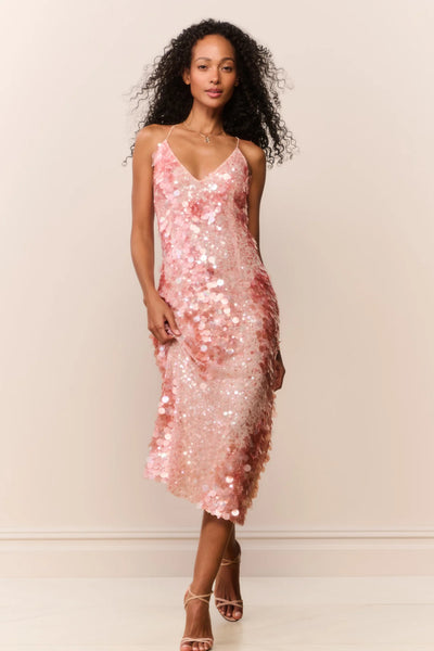 LoveShackFancy Kayleen Peach Sequin Midi Dress