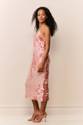 LoveShackFancy Kayleen Peach Sequin Midi Dress