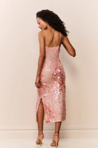 LoveShackFancy Kayleen Peach Sequin Midi Dress