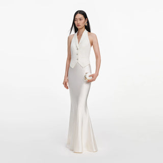 Self-Portrait Cream linen blend satin midi dress