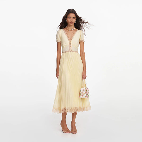 Robe midi plissée en dentelle jaune Self-Portrait
