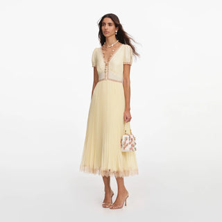 Self-Portrait Yellow Pleated Lace Midi Dress