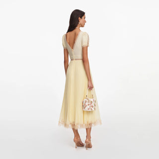 Self-Portrait Yellow Pleated Lace Midi Dress