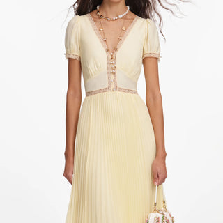 Self-Portrait Yellow Pleated Lace Midi Dress
