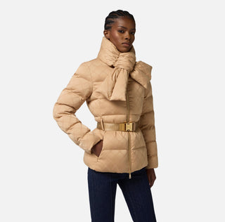 Down jacket in jacquard voile fabric with belt
