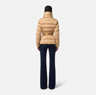 Down jacket in jacquard voile fabric with belt