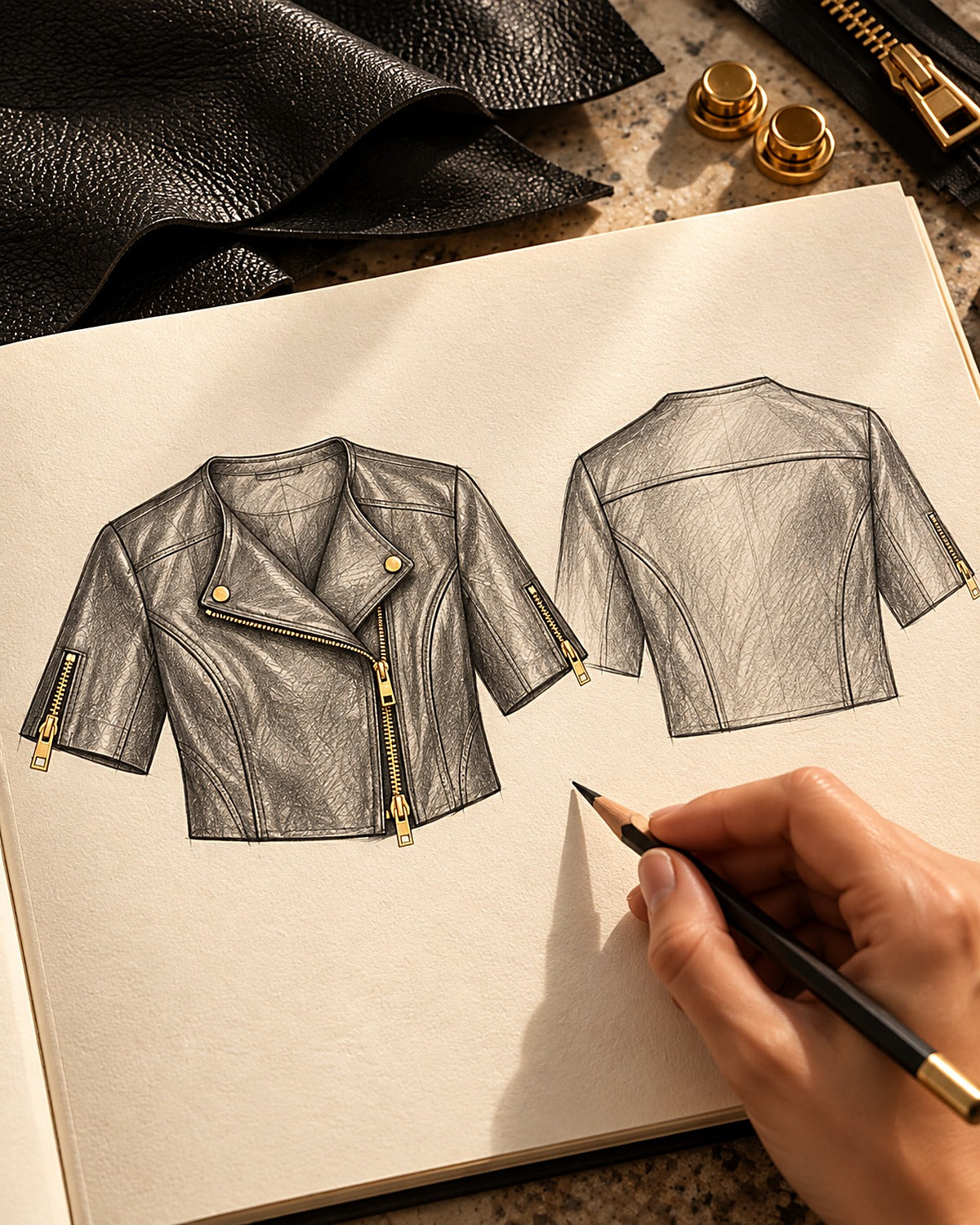 Pencil sketch of Minuit, front and back, with leather, gold zips and snaps