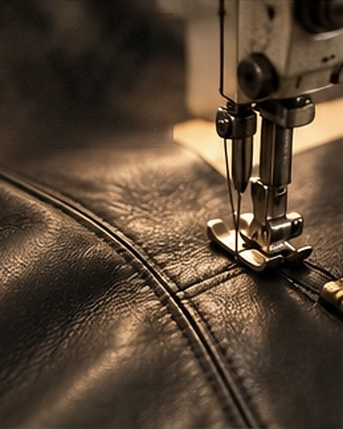 Stitching the curved seams of the Minuit leather jacket