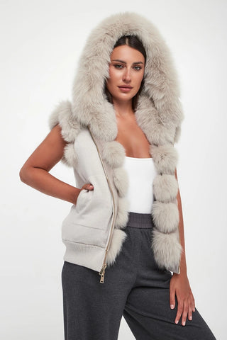 Suprema grey fox fur gilet with hood, fur side
