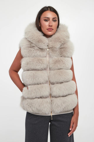 Suprema grey fox fur gilet, hood detail