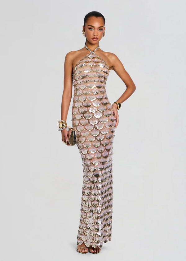 Retrofête Genovia Embroidered Halter Maxi Gown