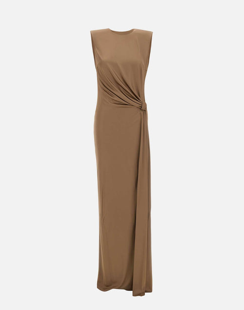 Elisabetta Franchi Red Carpet draped jersey gown in taupe, front
