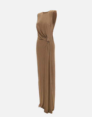 Elisabetta Franchi taupe gown, side draping and slit