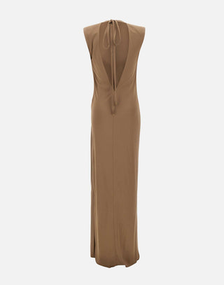 Elisabetta Franchi taupe gown, tie-neck V back