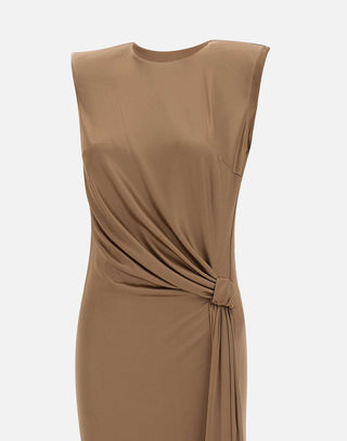Elisabetta Franchi taupe gown, gold crescent shoulder detail