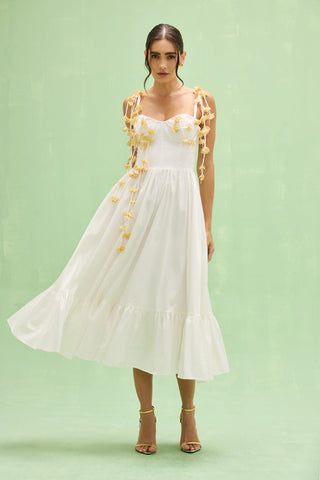 PatBO Tricoline Lotus off-white midi dress with floral appliqués, front