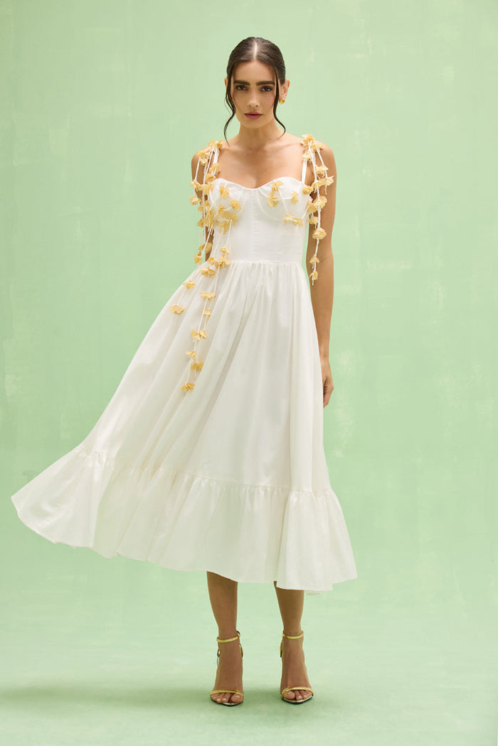PatBO Tricoline Lotus Floral Appliqué Midi Dress, Off White