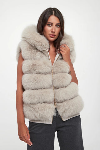 Suprema reversible grey fox fur hooded gilet